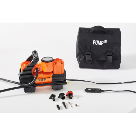 Pump'in TWIN - Mini-compresseur 12V bi-moteur avec accessoires. Alimentation 12V allume-cigare.